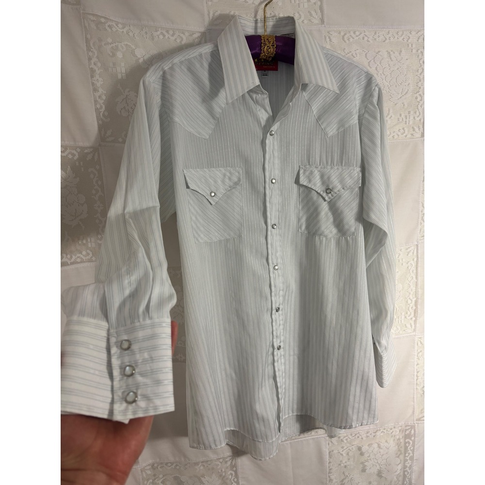 VTG Men's White Baby Blue Striped Western Pearl Snap Indie‎ Button Down Size L